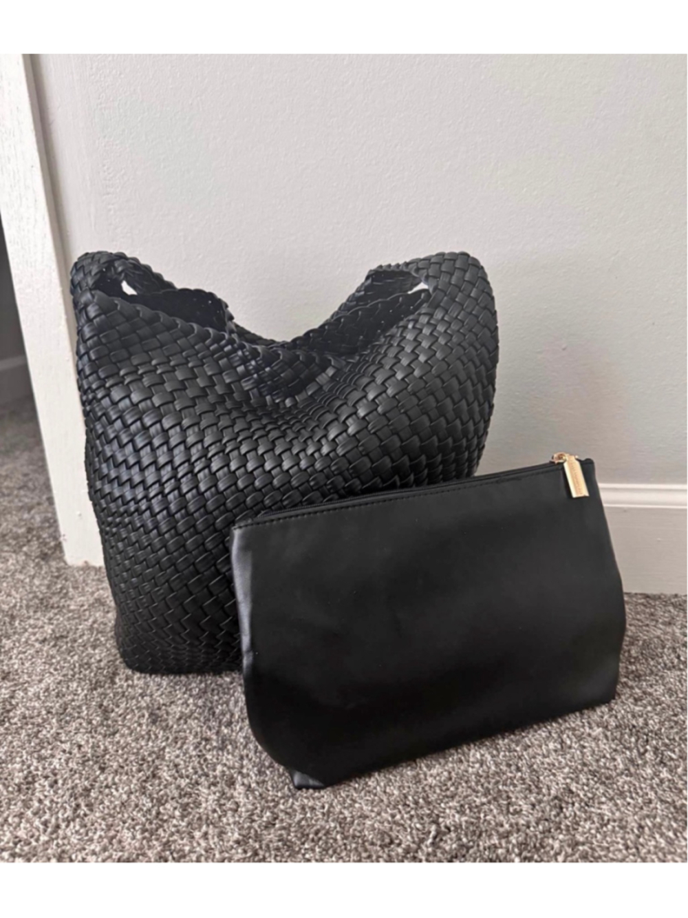 Women's Woven Hobo Bag with Clutch, One Size, Black